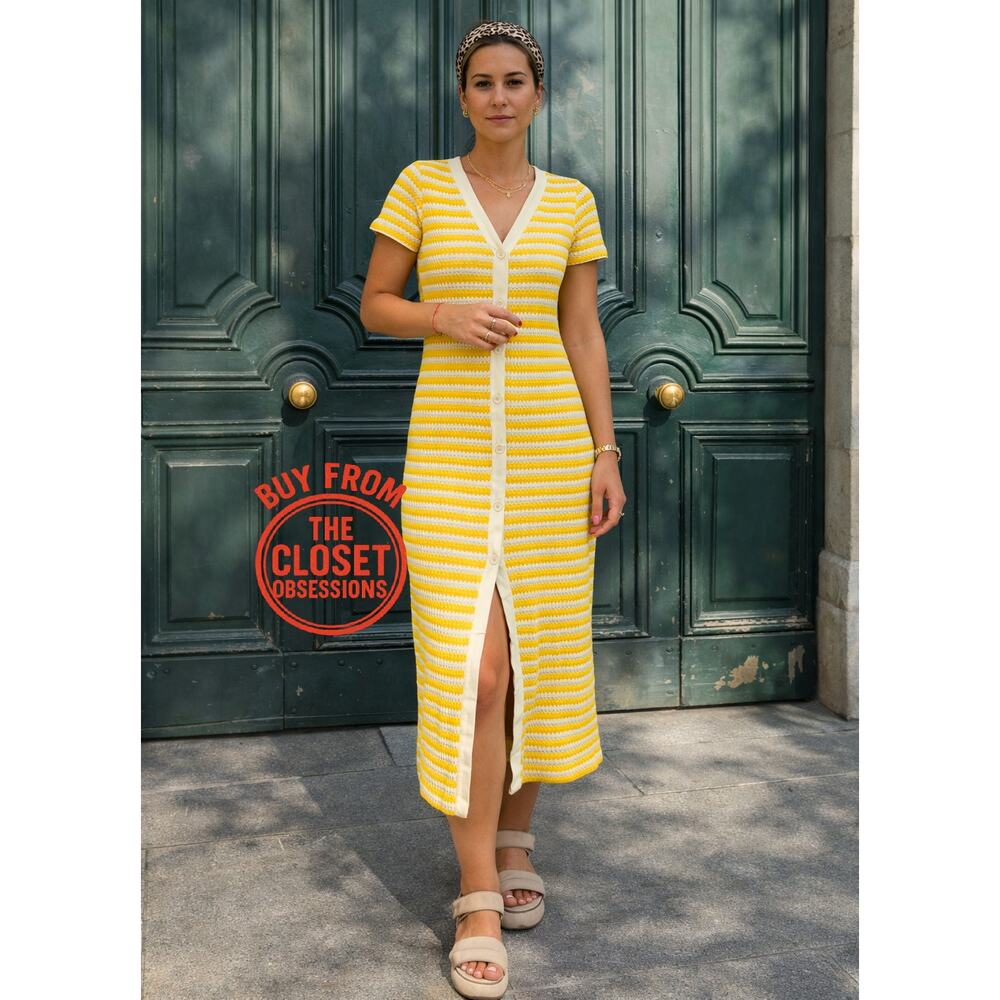 MANGO Yellow White Stripe Knit Midi Dress NWT Button Front Resort Vacation 6 8